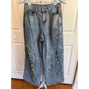Hot Topic Womens Jeans Wide Leg‎ Butterfly Applique Blue Wash Size 5